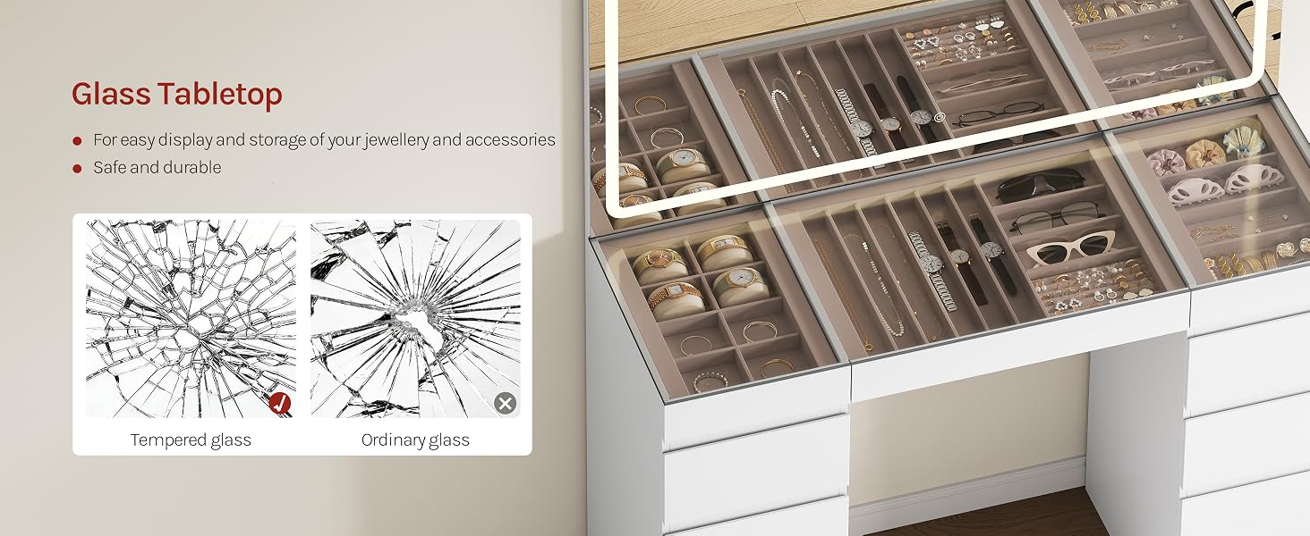 Text reads "Glass Tabletop". Split image showing abstract white pattern diagram on left and organized compartment storage box with multiple metallic dividers and small containers on right.