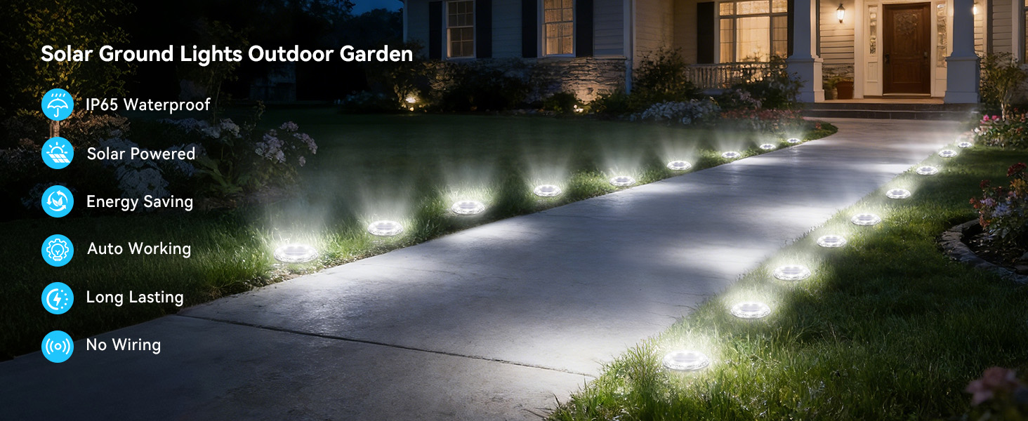 Text reads 'Solar Ground Lights Outdoor Garden'. Nighttime pathway illuminated by ground-mounted solar lights. Five blue feature icons listing product benefits.