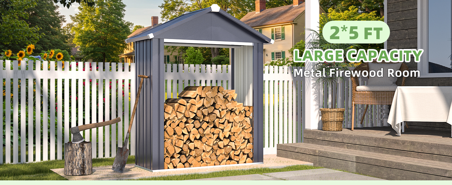 Text reads '2.5 FT LARGE CAPACITY firewood storage'. Gray outdoor firewood storage shed with peaked roof, shown against white picket fence with stacked wood inside.
