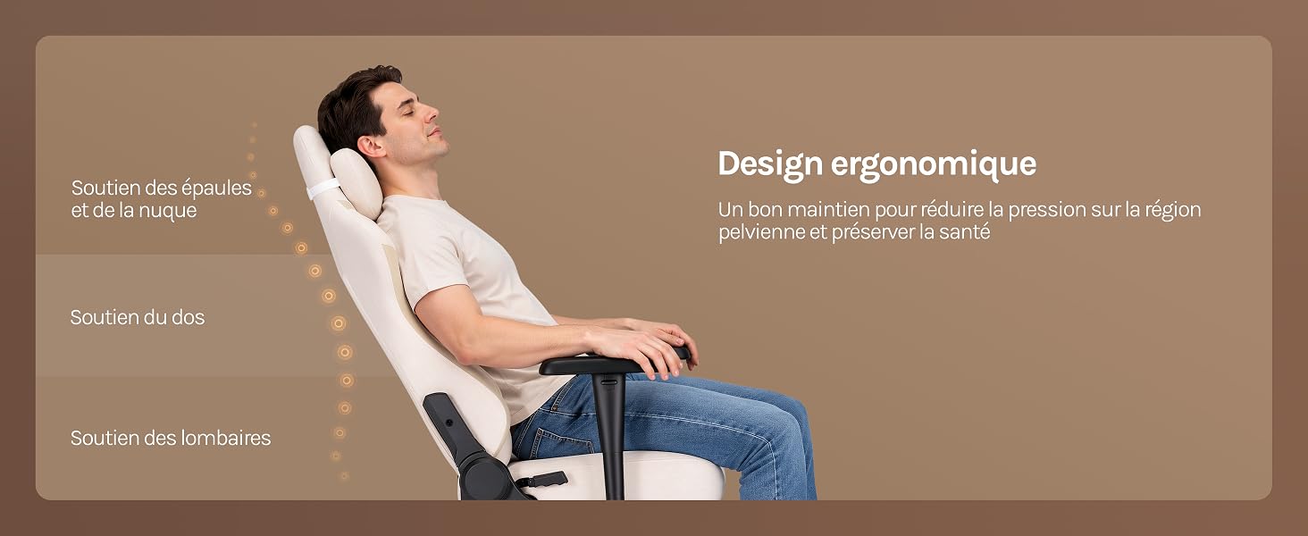 Le texte indique « Design ergonomique ». Personne assise en position allongée portant une chemise blanche et un jean, démontrant un confort d'assise ergonomique sur fond brun.
