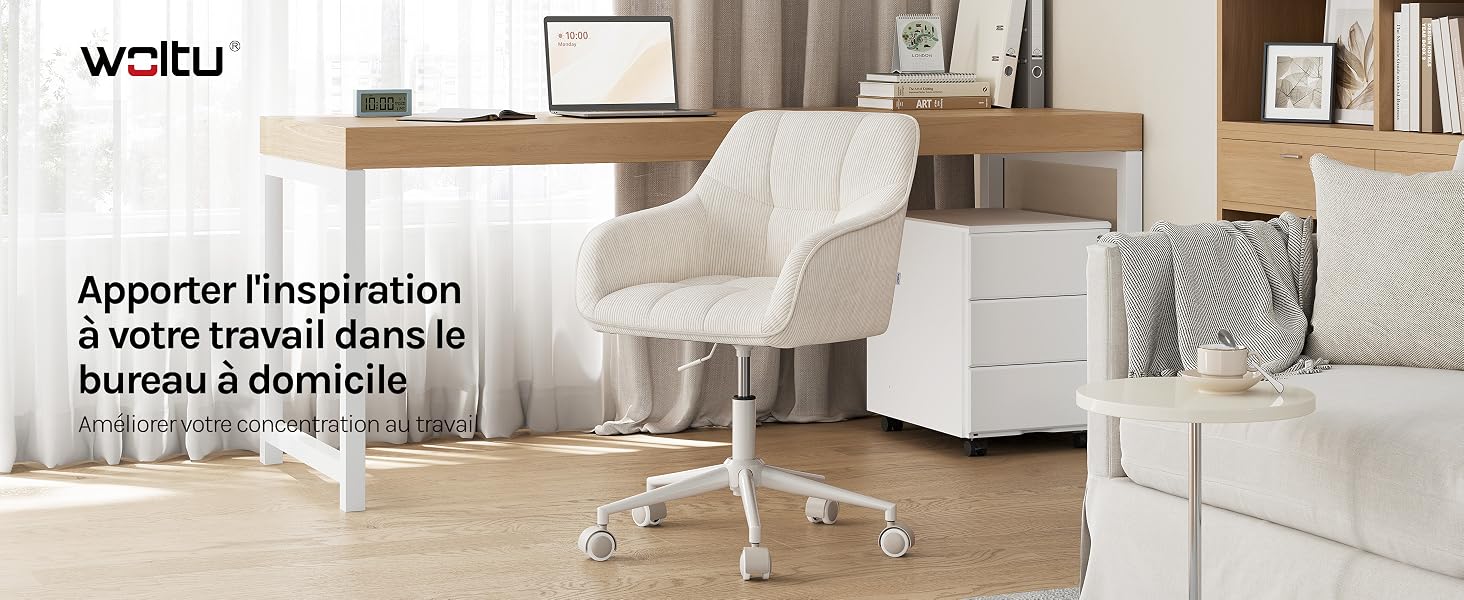 Le texte se lit comme suit : « Weltu » et « Une solution pratique pour réduire les déplacements dans le bureau à domicile ». Intérieur de bureau à domicile moderne avec chaise blanche, bureau, étagères et mobilier minimaliste.