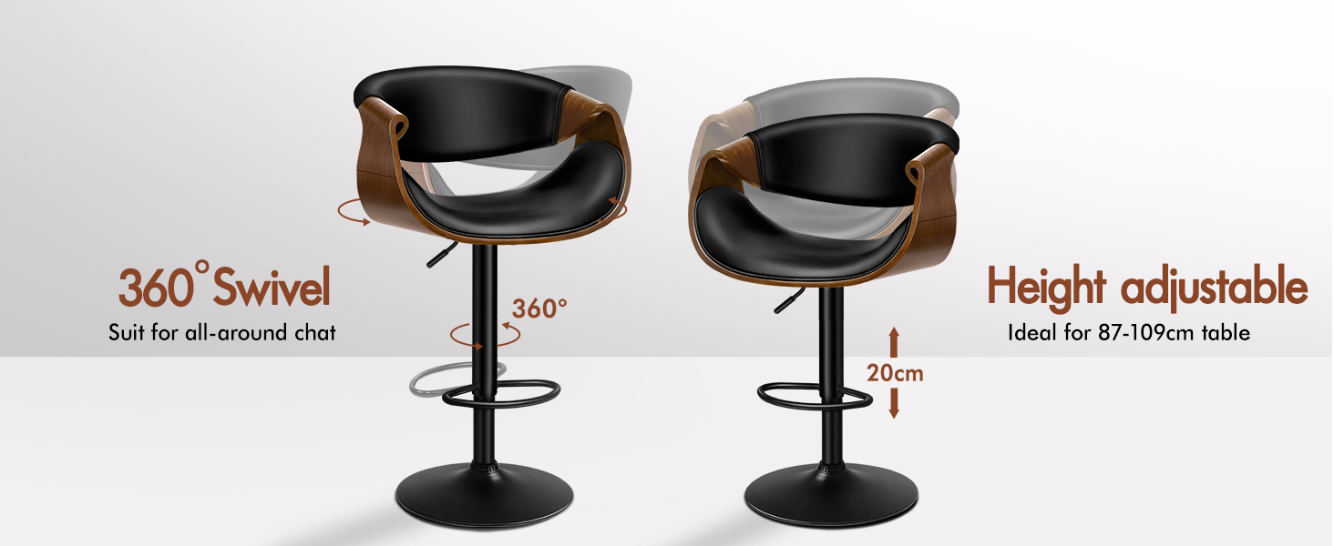 Text reads '360° Swivel' and 'Height adjustable'. Product diagrams showing adjustable bar stool or chair with rotation and height adjustment features.