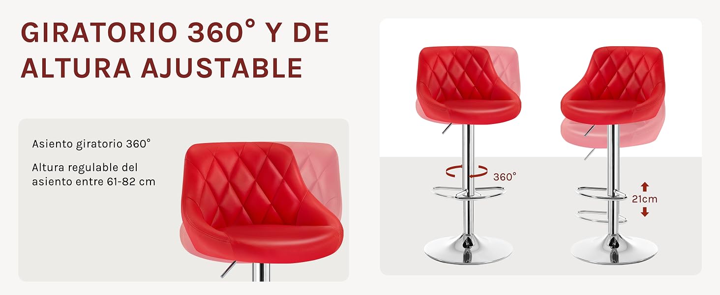 con rotación de 360 grados y altura ajustable. Cuenta con base y reposapiés cromados. Tres vistas muestran los detalles del asiento y el rango de ajuste de altura