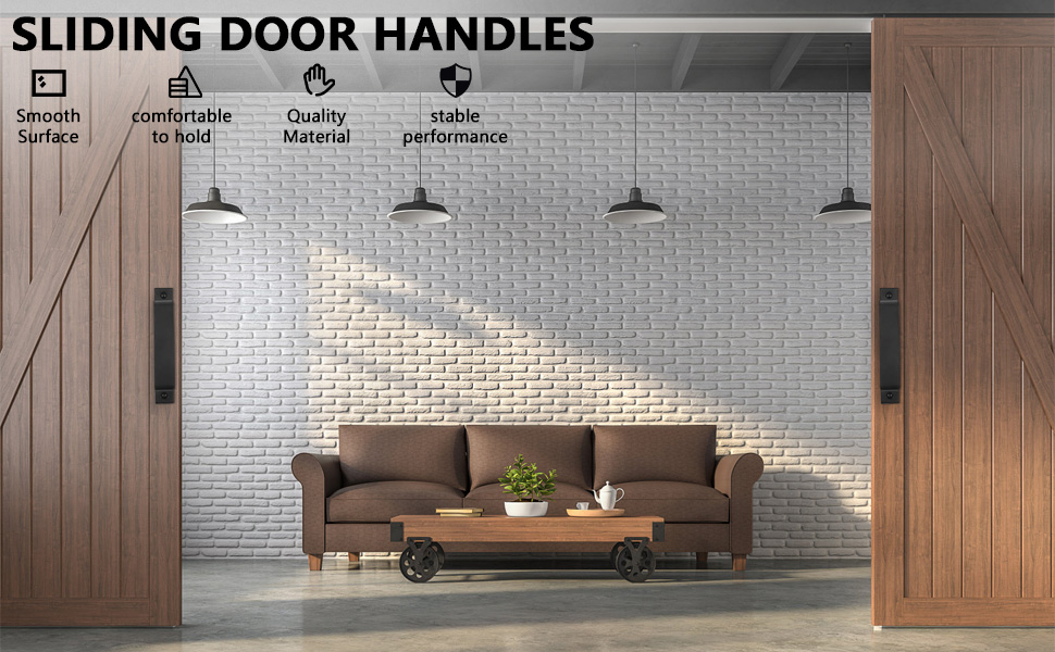 Sliding door handles displayed on barn-style wooden doors. Image showcases a living room with brick wall, sofa, and coffee table to demonstrate handle usage and aesthetic.
