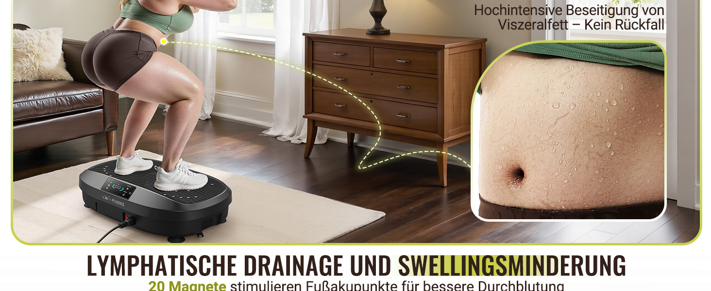 Der Text lautet 'LYMPHATISCHE DRAINAGE UND SCHWELLINGSMINDERUNG'. Mehrere Bilder zeigen, wie ein Massage- oder Therapiegerät am Körper verwendet wird.