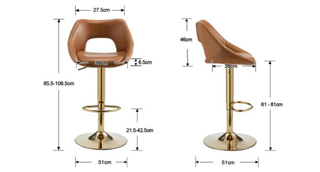 Schéma technique montrant les dimensions du tabouret de bar ou de la chaise en cuir marron avec base dorée.