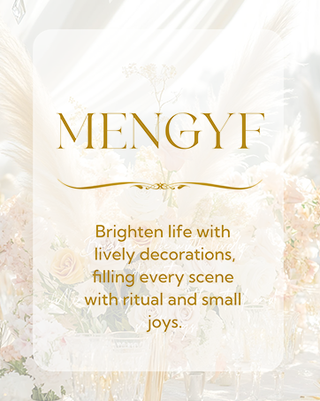 Text reads "MENGYF" and "Brighten life with lovely decorations, filling every scene with ritual and small joys". Beige product packaging or promotional card with gold text.