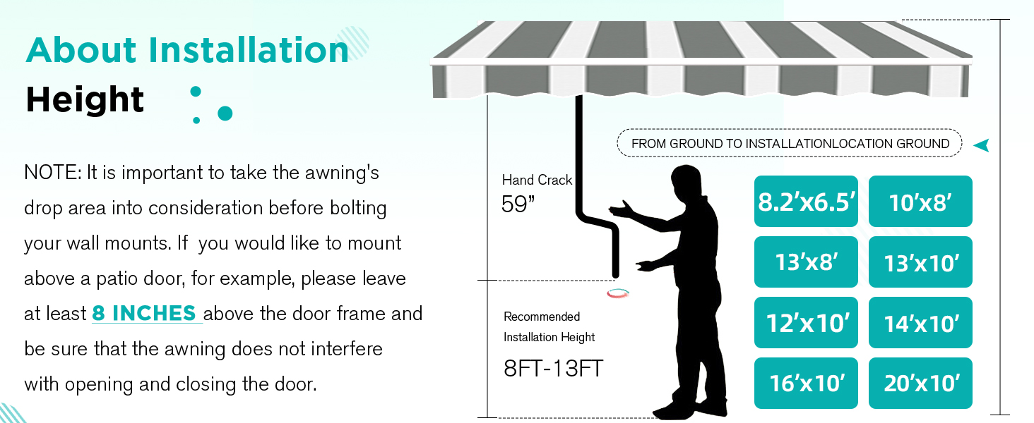 Text reads: 'About Installation' with measurement specifications showing '8'2"x6.5"', '10'x9"', '13'x9"', '13'x10"', '16'x10"', '20'x10"'. Installation guide with silhouette figures and dimensions.
