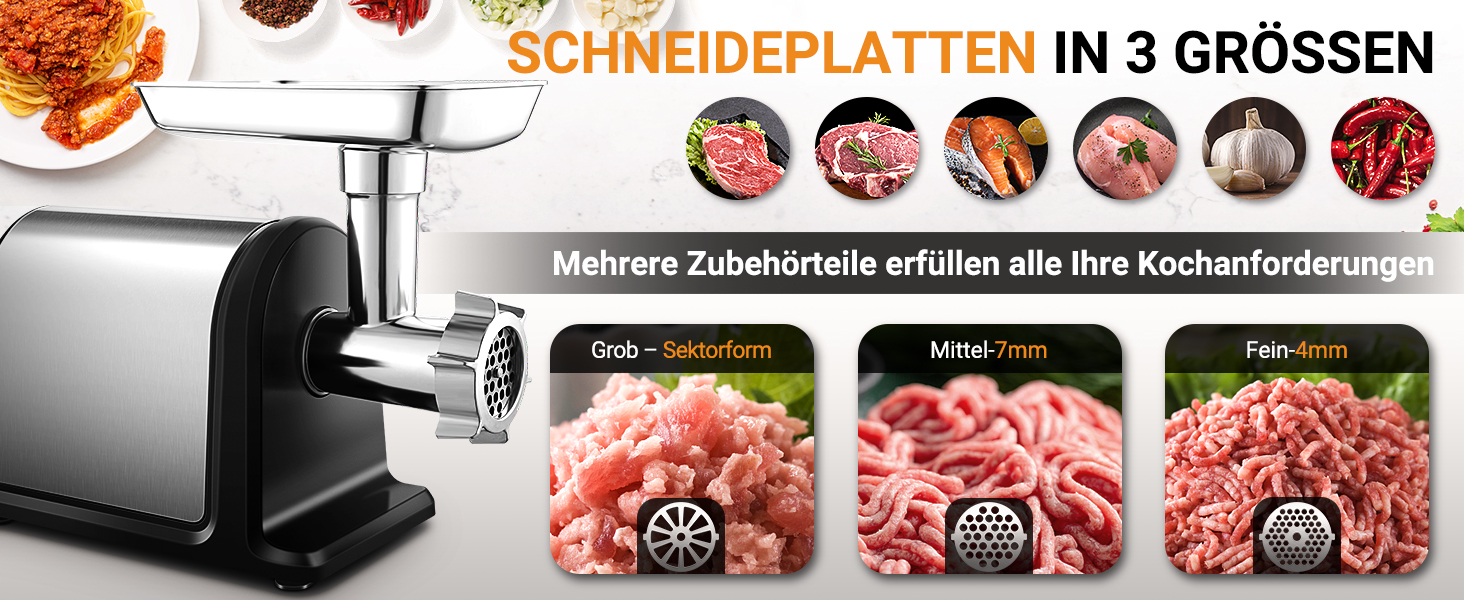 Elektrischer Fleischwolf mit drei Schneidplattengrößen. Zeigt Hackfleischproben und verschiedene Lebensmittel. Text auf Deutsch beschreibt Funktionen.