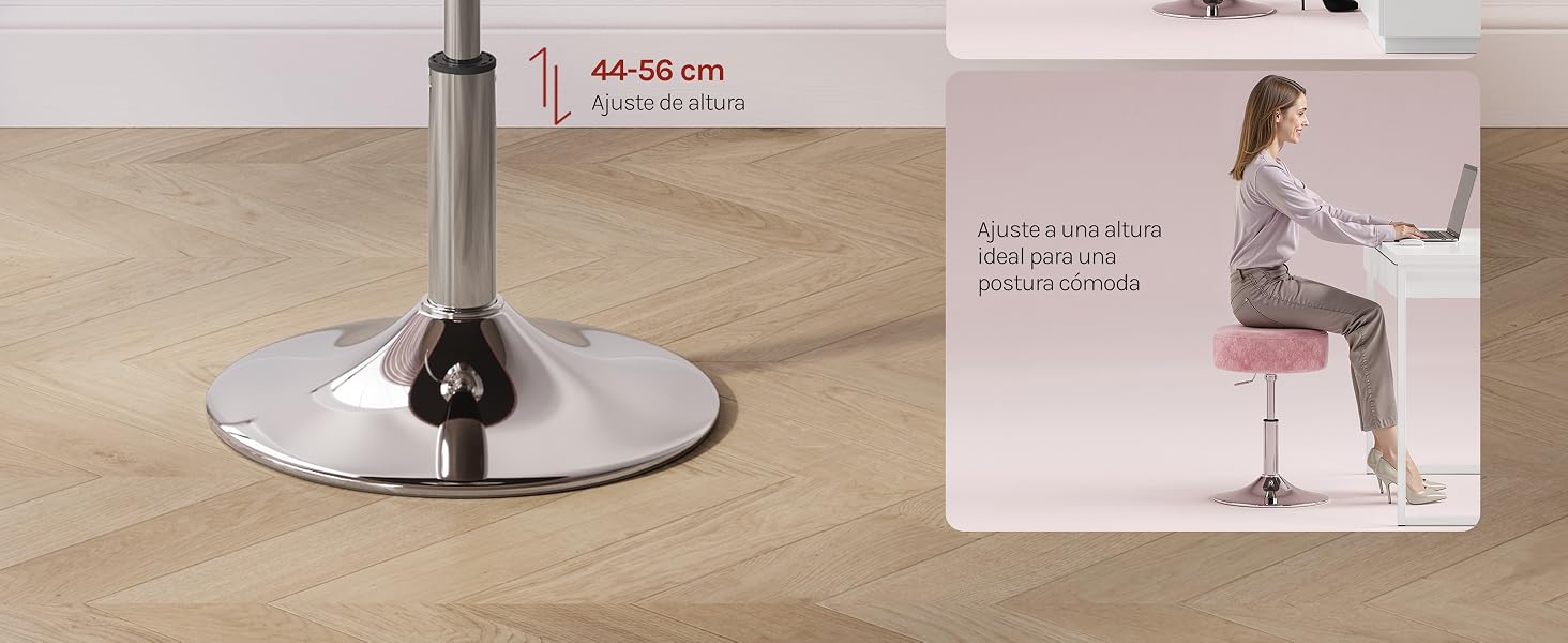 Diagrama técnico que muestra las medidas de altura de 44 a 56 cm para un soporte o soporte de producto ajustable, con múltiples opciones de posicionamiento ilustradas.