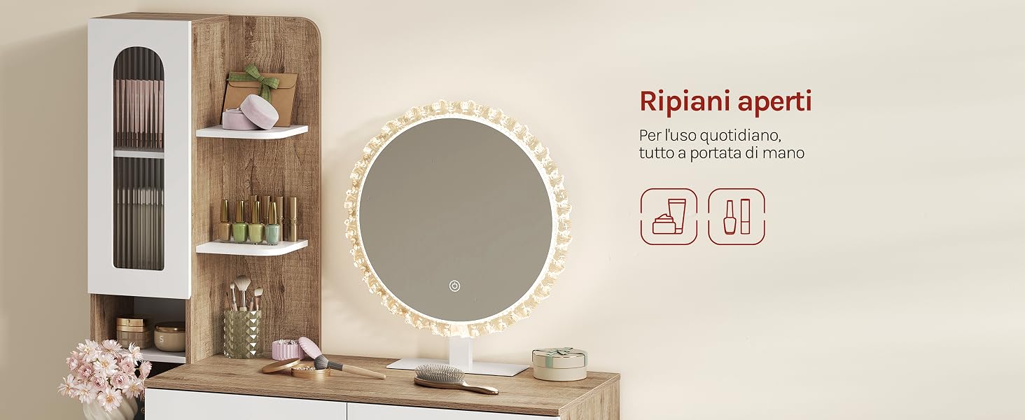 Il testo recita 'Ripiani aperti' con testo in italiano qui sotto. Espositore a scaffale interno con specchio rotondo, oggetti decorativi, libri e cestini portaoggetti su scaffale aperto contro una parete beige.