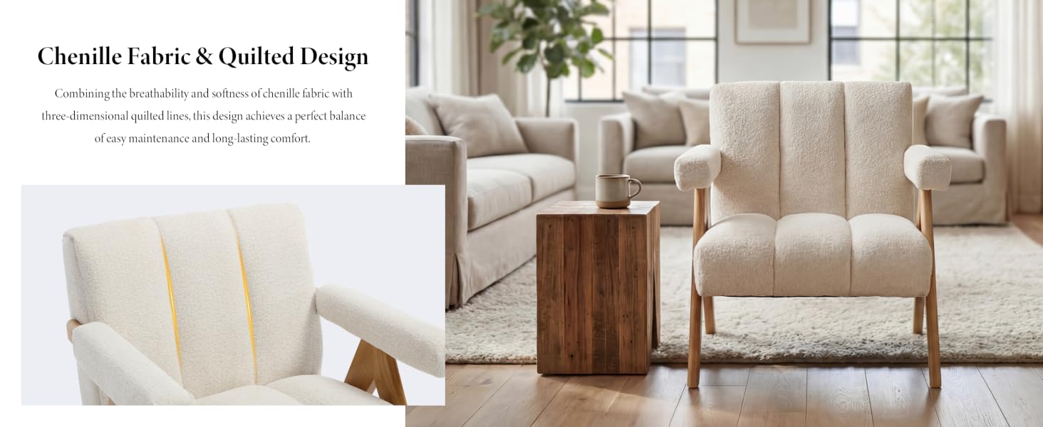 Text reads 'Classic Fabric &amp; Quilted Design'. Living room interior featuring beige quilted upholstery furniture with wooden accents in a bright, modern space.