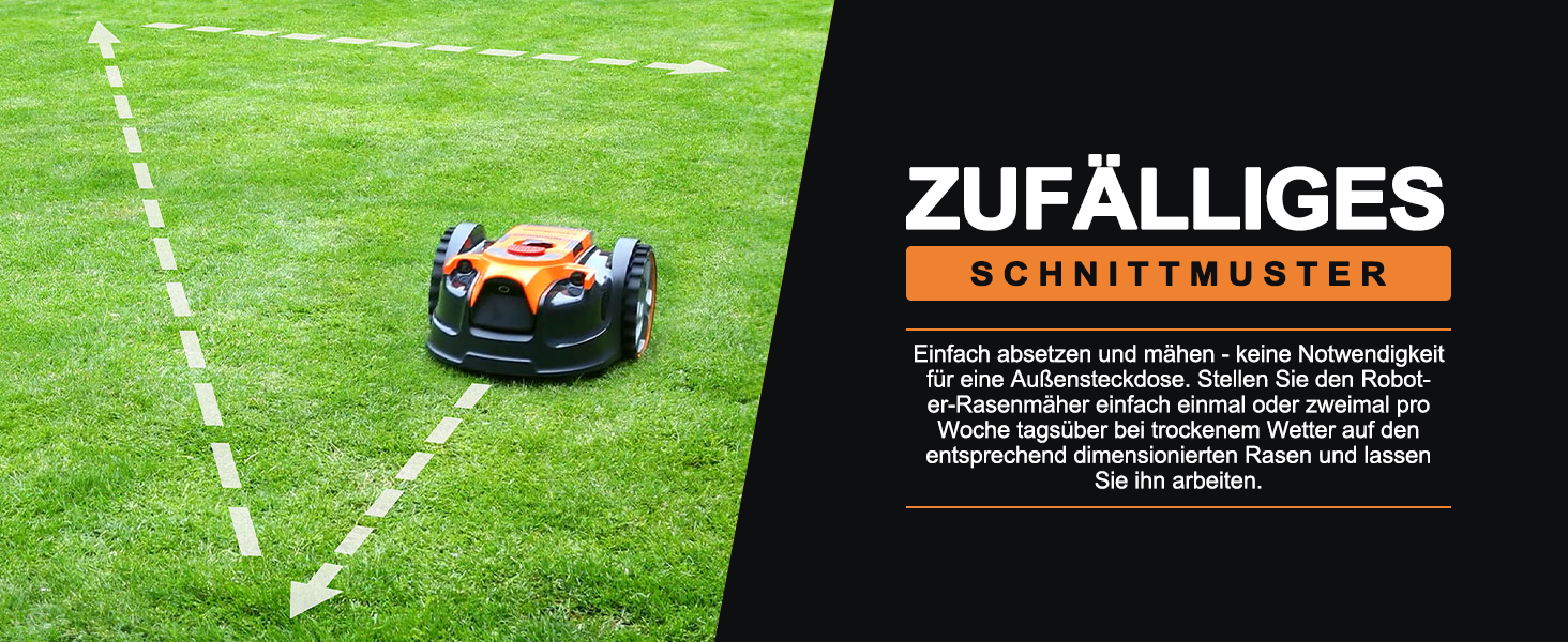 Mähroboter auf einer grünen Wiese mit weißen Grenzlinien.
[SENTENCE 10] Schwarzes Gerät mit orangefarbenen Akzenten, konzipiert für automatisiertes Grasschneiden
