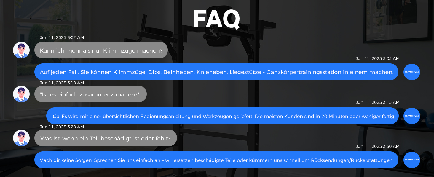Der Text lautet „FAQ“. Chat-Oberfläche mit dunklem Design im Frage-Antwort-Format mit blauen Nachrichtenblasen in einem technischen Support- oder Hilfekontext.