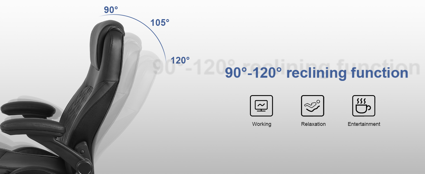 Reclining seat diagram showing 90-120 degree adjustment range with icons for walking, relaxation, and entertainment functions.