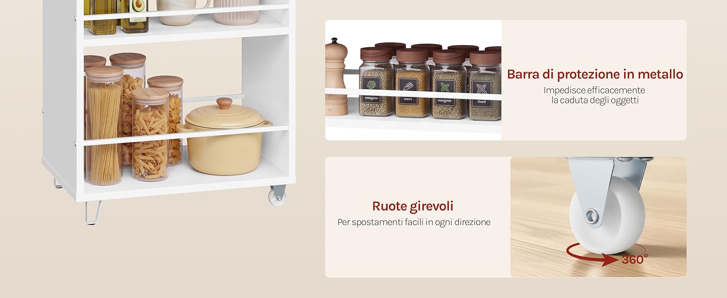 Il testo recita «cassa di protezione in metallo» e «Pusta ghiacci». Contenitori da cucina esposti: barattoli di plastica trasparente con coperchio sul ripiano del frigorifero e caraffa bianca con indicazioni di misurazione per organizzare gli articoli della dispensa e le bevande.