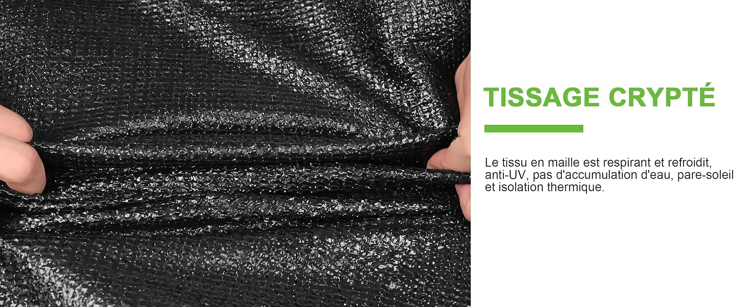 Gros plan d'un tissu texturé noir avec superposition de texte « TISSAGE CRYPTÉ »