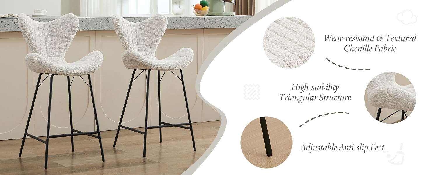 Modern bar stool with white textured fabric seat and black metal legs. Diagram points highlight 'Wear-resistant & Textured Chenille Fabric' and 'Adjustable Anti-slip Feet'.