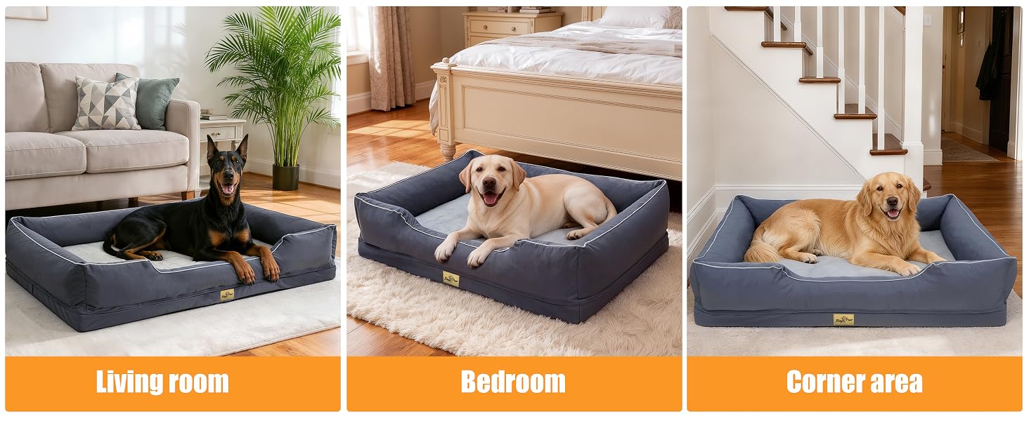 Il testo recita: «Soggiorno», «Camera da letto», «Zona d'angolo». Immagini multiple di cucce per animali domestici nei colori grigio e beige, che mostrano vari scenari di utilizzo con animali domestici.