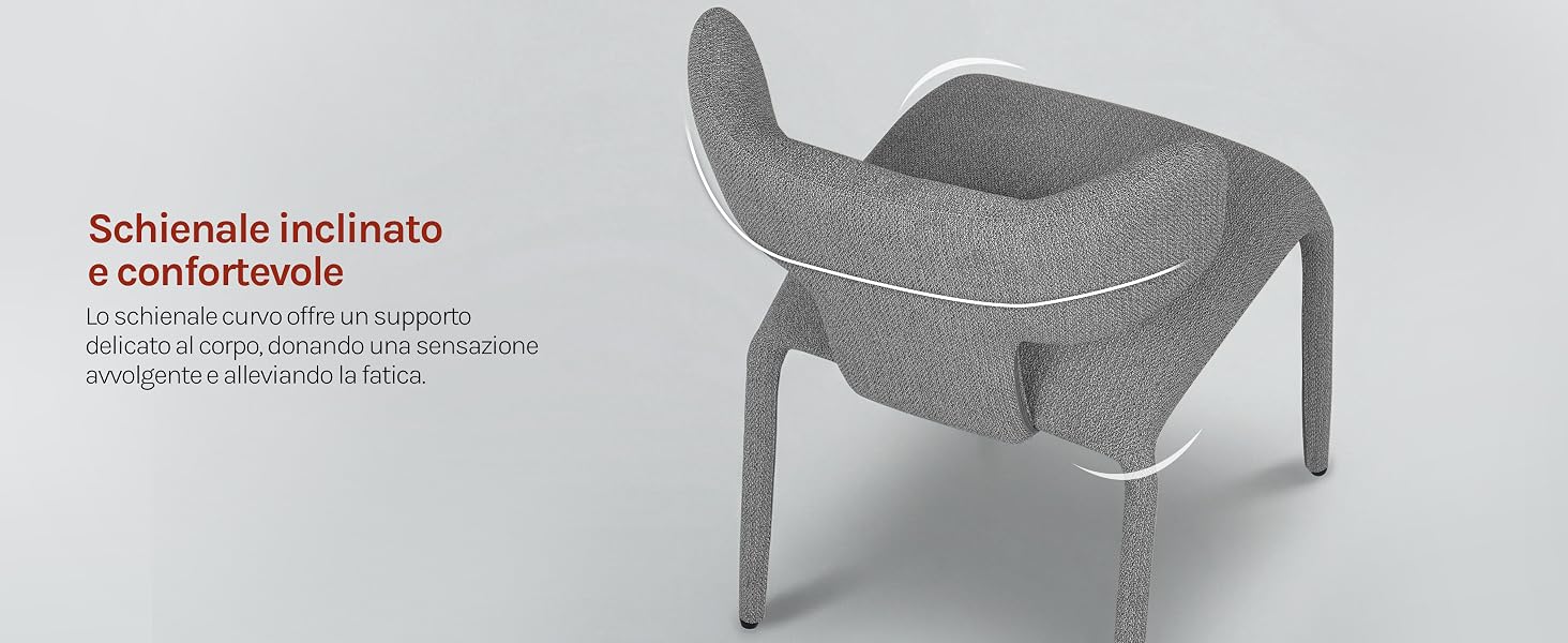 Il testo recita «Scolioside inclinata e confortevole». Poltrona o poltrona reclinabile ergonomica grigia mostrata da più angolazioni, con design curvo e superficie in tessuto testurizzato.