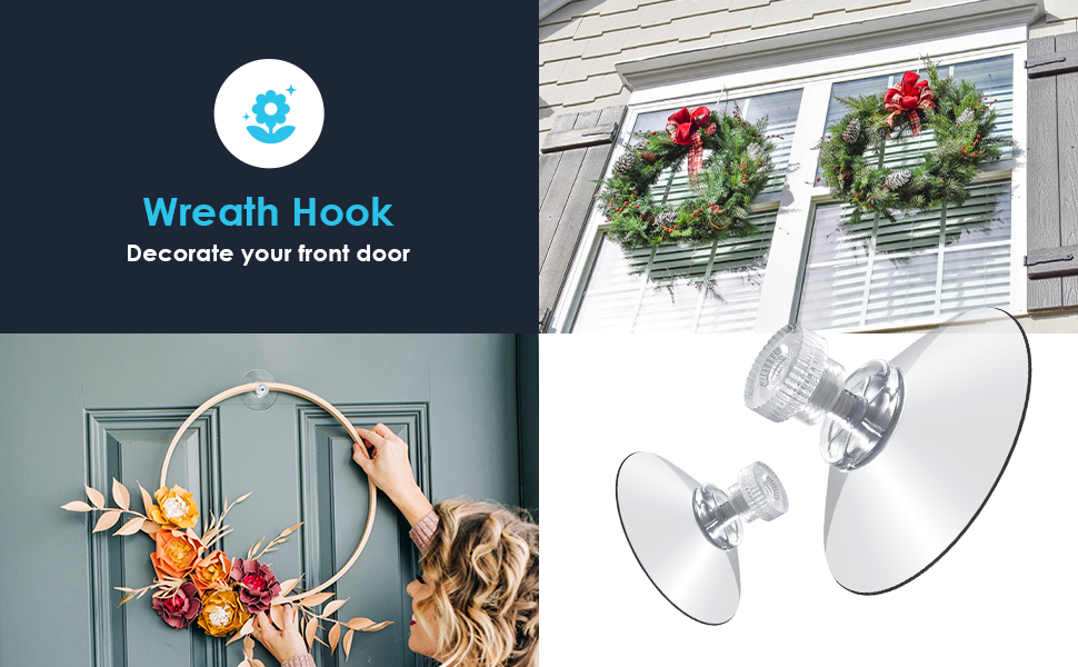Text reads 'Wreath Hook'. Product demonstration showing installation of wreath hooks on doors, with decorative wreaths being hung.