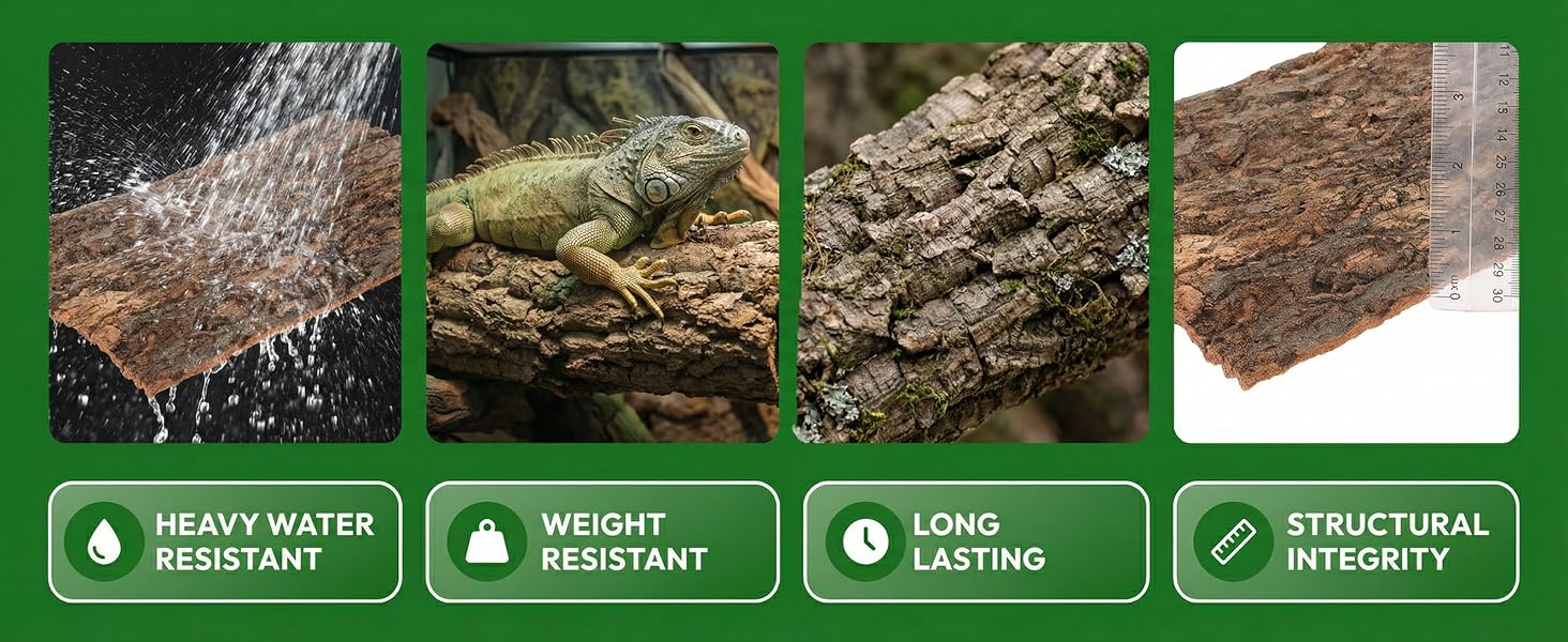 Four panel display with icons showing 'HEAVY WATER RESISTANT', 'WEIGHT RESISTANT', 'LONG LASTING', and 'STRUCTURAL INTEGRITY' features with corresponding demonstration images.