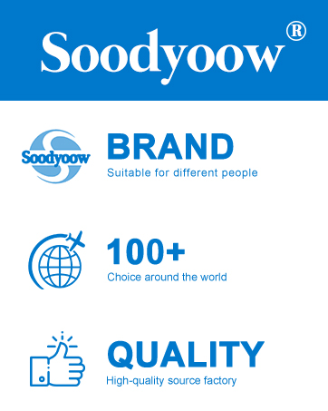 Blue and white Soodyoow brand logo with corporate information graphics showing global reach and quality assurance symbols.