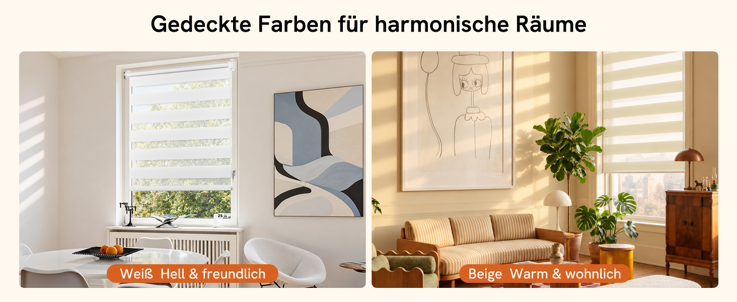 Der Text lautet „Gedeckte Farben für harmonische Räume“. Moodboard für Innenarchitektur mit drei Raumvariationen mit gedämpften, neutralen Farbpaletten: Wohnzimmer mit Möbeln, Schlafzimmereinrichtung und moderner Küchenbereich.