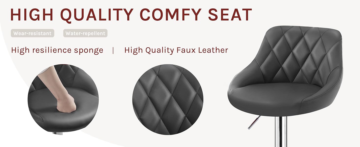 High-quality comfy seat with quilted faux leather upholstery, high resilience sponge cushioning, and adjustable height on a chrome base.