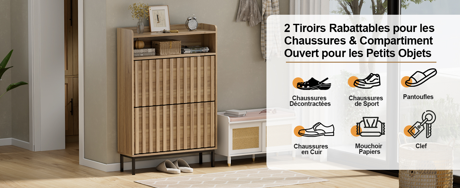 Le texte montre « 2 roues tubulaires pour les chaussures/2 roulettes intégrées ». Open for the Little Objects. » Meuble de rangement à chaussures en bois avec roulettes et compartiments intégrés. Les icônes indiquent les caractéristiques des chaussures et des petits objets.