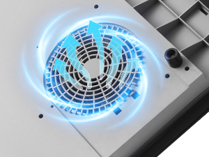 Ventilateur de refroidissement pour ordinateur portable avec éclairage LED bleu et conception de ventilation à mailles circulaires, présentant une technologie de refroidissement actif pour la gestion thermique des ordinateurs.