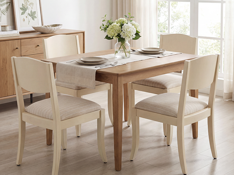 Table à manger en bois clair avec deux chaises en bois assorties avec sièges et dossiers rembourrés de couleur crème. Fleurs blanches dans un vase en verre sur la table, fond de fenêtre lumineux avec lumière naturelle.