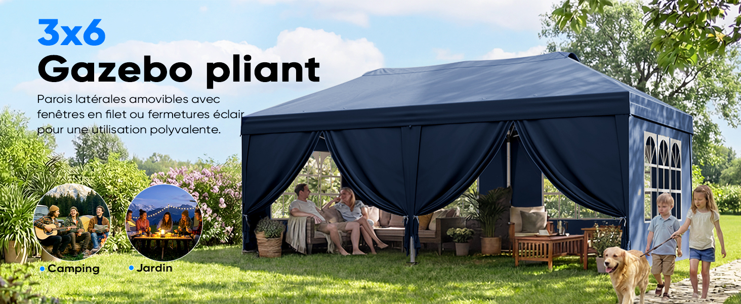 Le texte indique « Gazebo pliable » et « 3x6 ». Tonnelle pliante extérieure présentée dans différents réglages avec les dimensions indiquées.