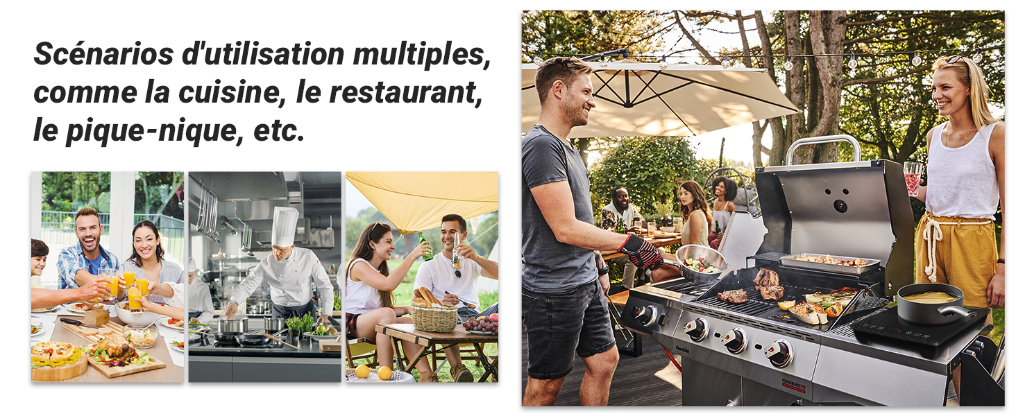 Image à panneaux multiples montrant divers scénarios de cuisine : cuisine de restaurant, grillades en plein air et scènes de repas avec du texte en français sur plusieurs scénarios d'utilisation