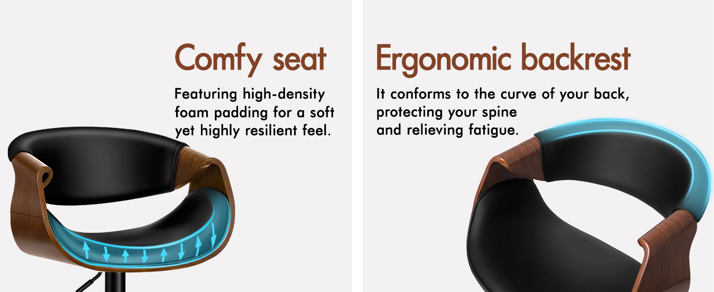 Text reads 'Comfy seat' and 'Ergonomic backrest'. Product images showing cushioned seat features, highlighting foam padding and curved back support design.