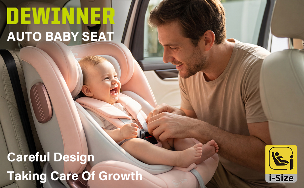 Le texte se lit comme suit : « SIÈGE AUTO POUR BÉBÉ DEWINNER » et « Careful Design Taking Care Of Growth » avec le logo de certification de sécurité i-Size. Démonstration de produits de siège auto.
