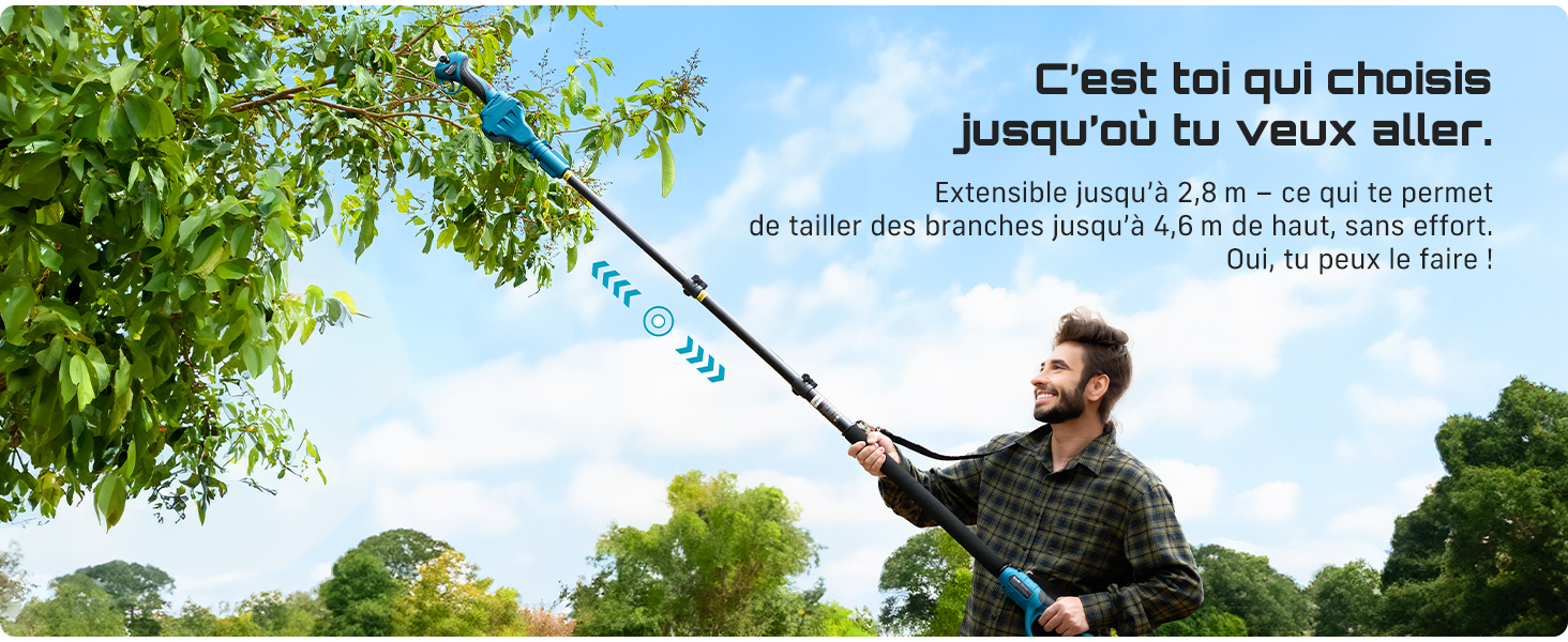Le texte se lit comme suit : « C'est toi qui choisis jusqu'où tu veux aller ». L'image montre une personne utilisant un outil à perche étendue sous des branches d'arbres.