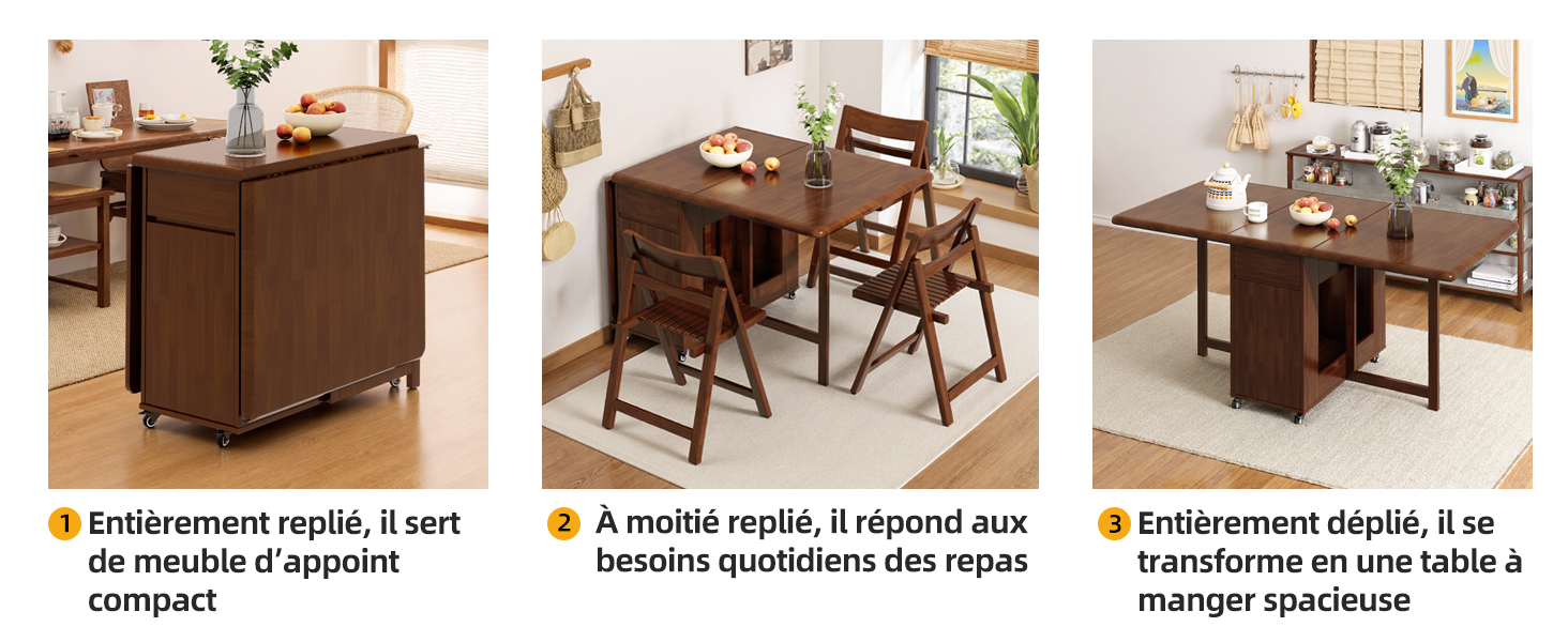 Vues multiples de meubles en bois foncé, y compris ce qui semble être des ensembles de salle à manger ou de salon, photographiés sous différents angles.