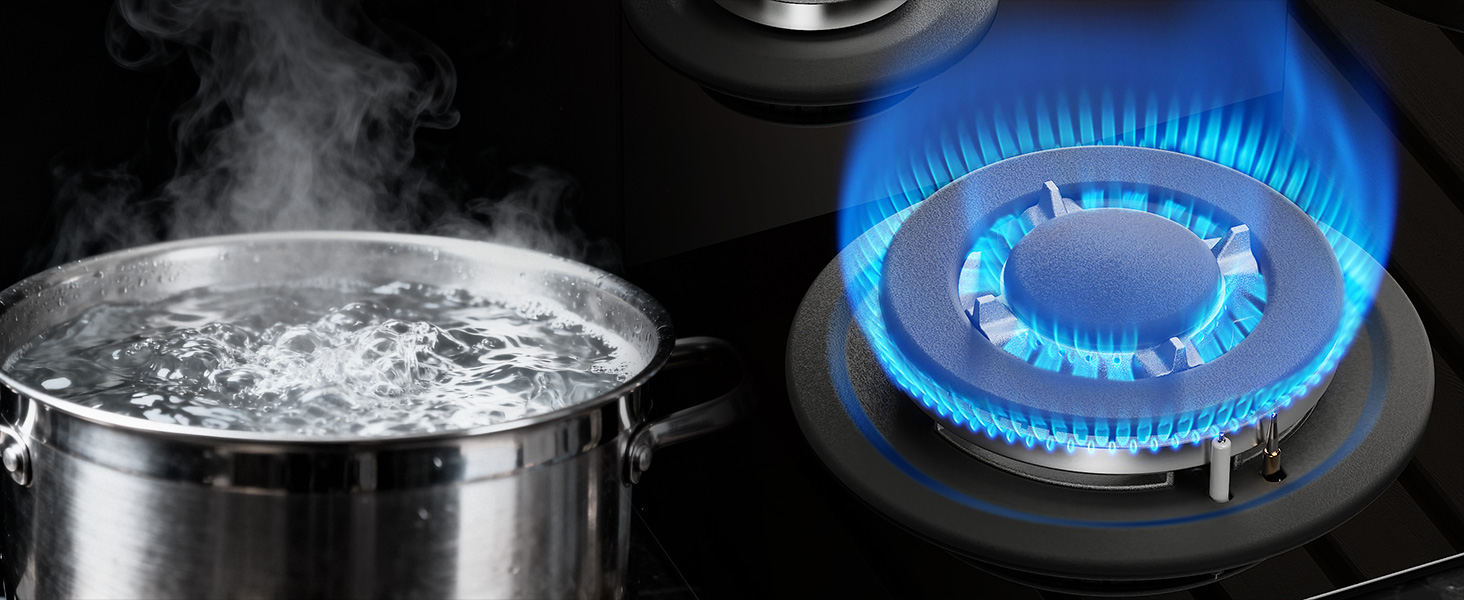 Séquence d'images montrant des flammes bleues d'un poêle à gaz à différents stades d'allumage et de fonctionnement, démontrant le rendement du brûleur et la configuration des flammes.