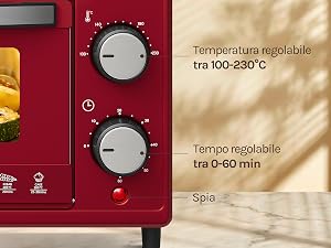 Il testo dice 'Temperatura regolabile tra 100-230°C', 'Tempo regolabile tra 0-60 min', 'Spia'. Dettaglio del pannello di controllo dell'elettrodomestico bordeaux con ghiere di regolazione della temperatura e dell'ora.