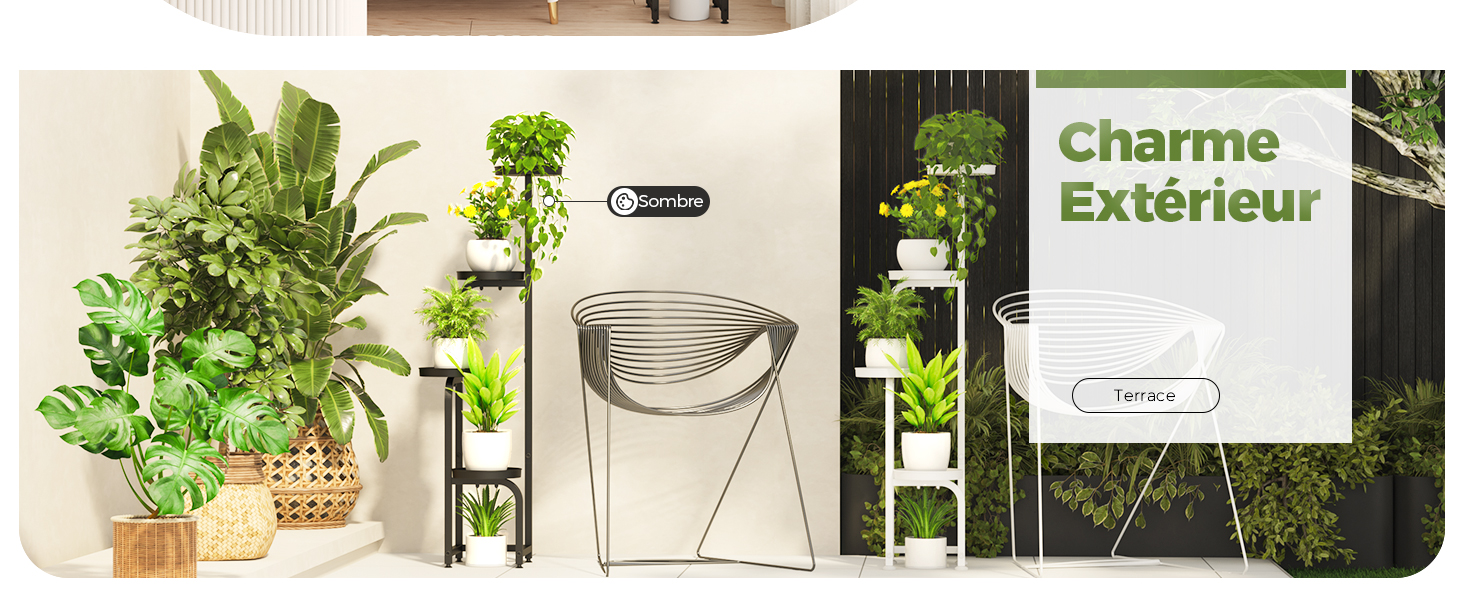 comprenant des plantes en pot, une chaise en métal et des supports pour plantes. Feuillage vert et texte « Charme Extérieur » visibles, suggérant le charme et la verdure de l'extérieur