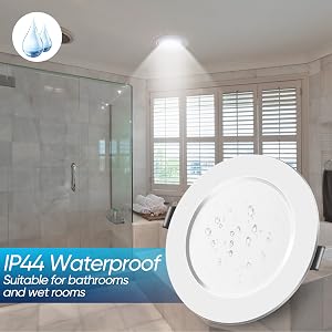 White circular IP44 waterproof bathroom light fixture shown mounted on ceiling, with installation example in modern bathroom setting.