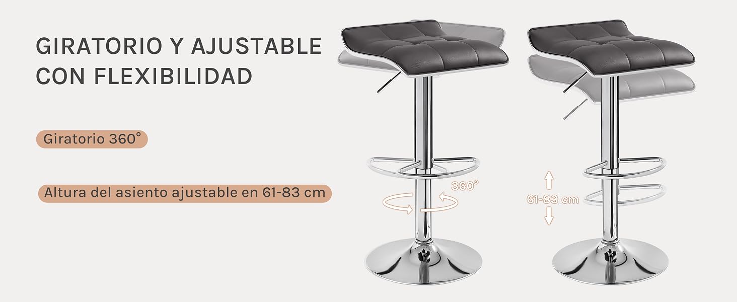 Dos taburetes de bar acolchados grises ajustables con bases cromadas que muestran funciones de giro y ajuste de altura