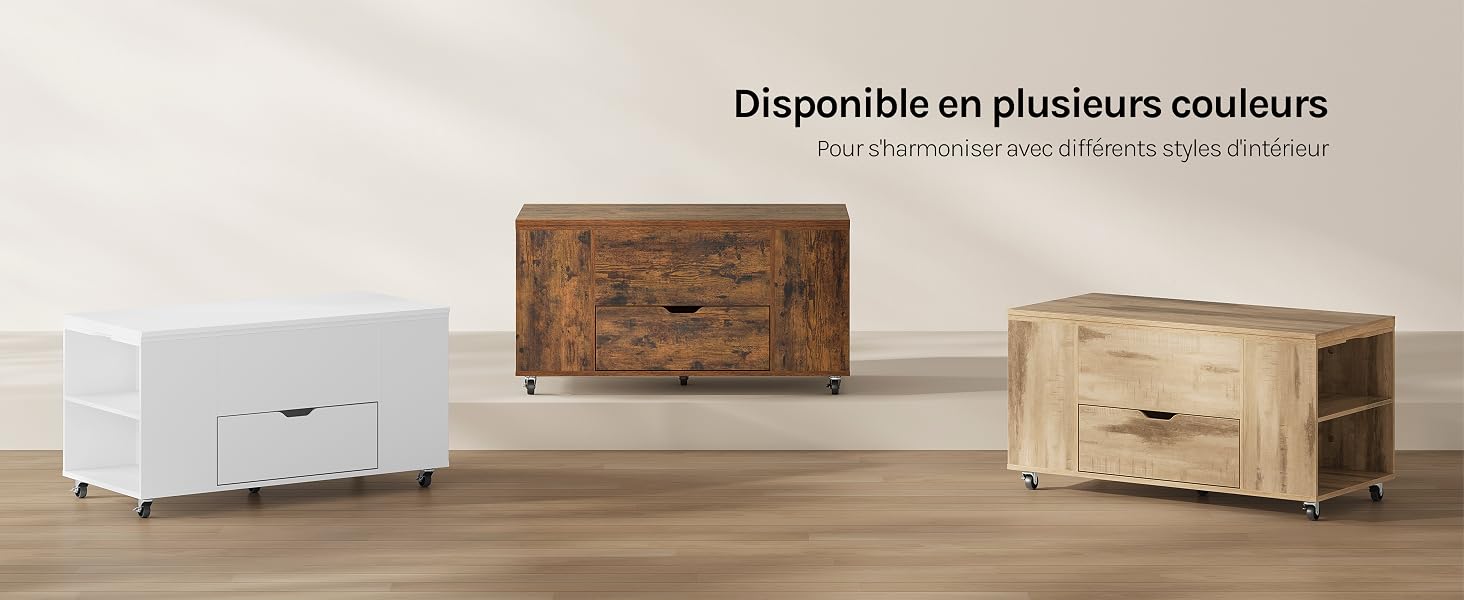 Le texte indique « Disponible en plusieurs couleurs » et « Livraison gratuite ». Trois boîtes de rangement en bois exposées sur du parquet dans différentes finitions : blanc, bois naturel et tons bois foncé.