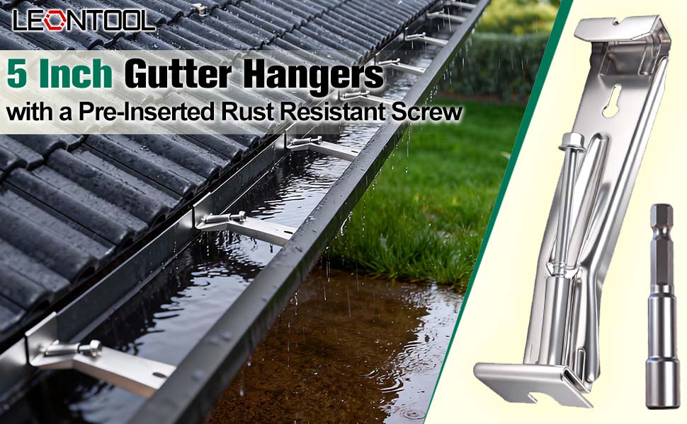 Text reads '5 Inch Gutter Hangers with a Pre-Inserted Rust Resistant Screw'. Product image shows metal gutter hangers and installation on roof gutter system.