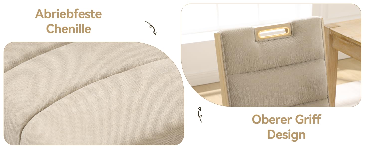 Der Text lautet „Abriebfeste“, „Chenille“, „Oberer Griff Design“. Mehrere Ansichten von beigefarbenen, strukturierten Möbelbezügen oder Schutzfolien mit Materialdetails.
