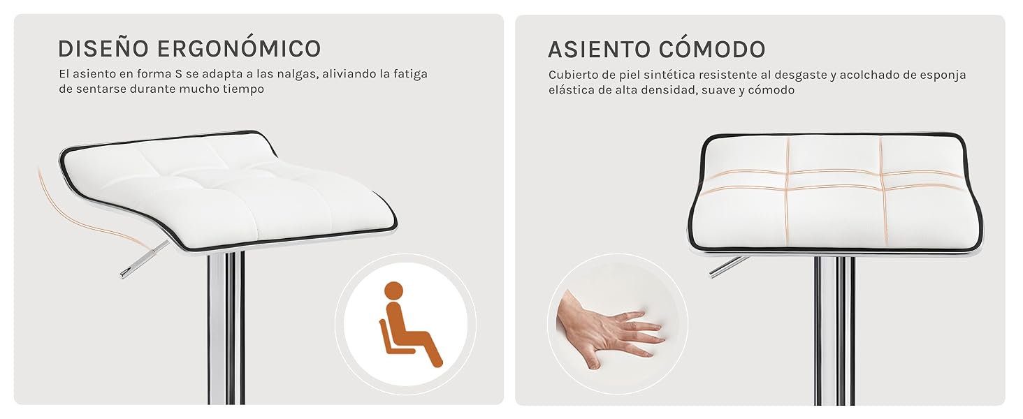 Diagrama técnico que muestra las características del diseño de la silla ergonómica con dos paneles que ilustran las especificaciones de comodidad y soporte del asiento