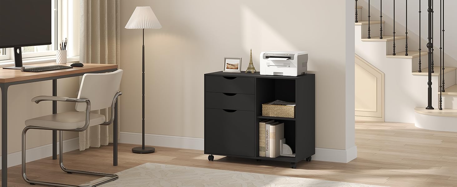 caisson bureau meuble rangement armoire 3 tiroirs 2 compartiments casiers ouverts 5 roulettes mobile