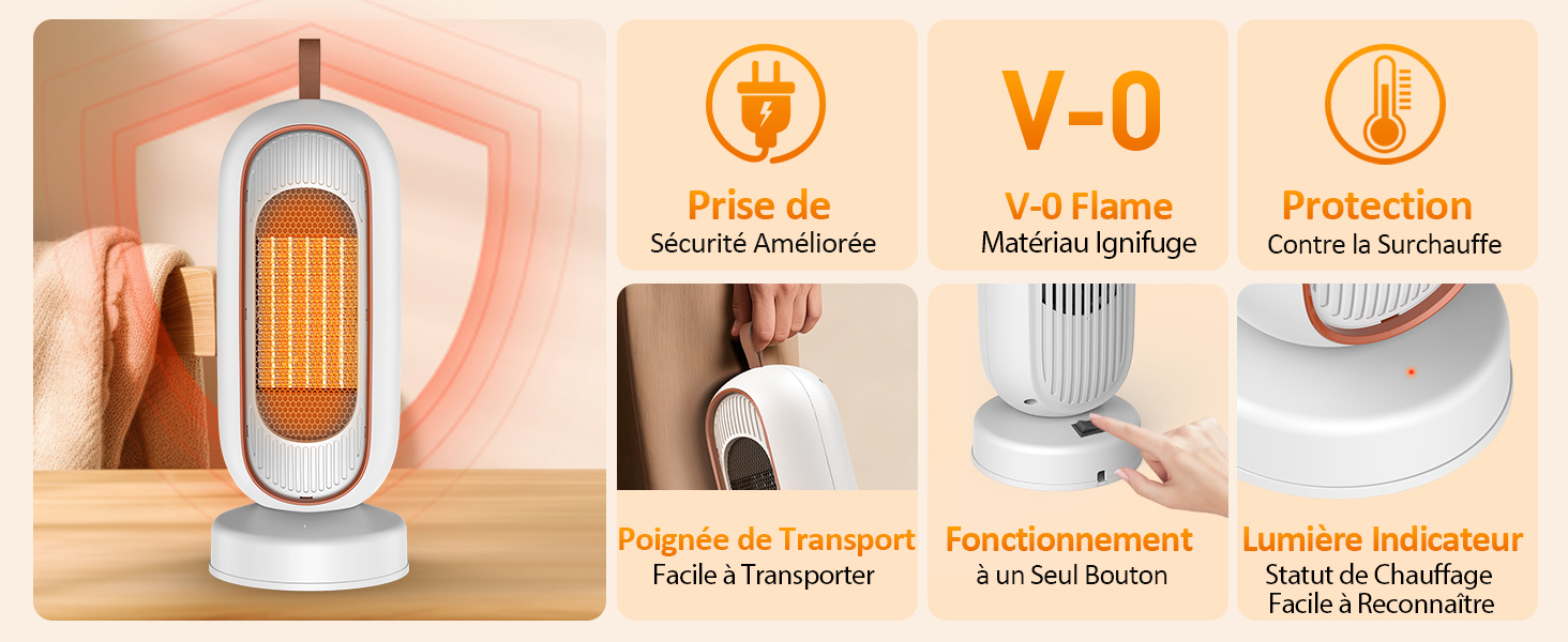 Le texte indique « V0 ». Schéma des caractéristiques du produit montrant les capacités de réduction du bruit et les spécifications techniques avec des icônes et des panneaux d'information teintés en orange.