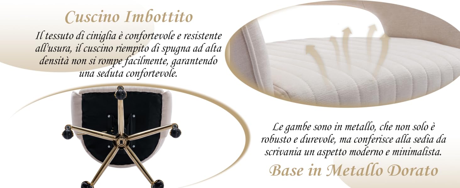 Cuscino rotondo imbottito con rivestimento in tessuto bianco. Base della sedia in metallo con gambe curve e rotelle, caratterizzata da una finitura color oro. Il testo descrittivo in